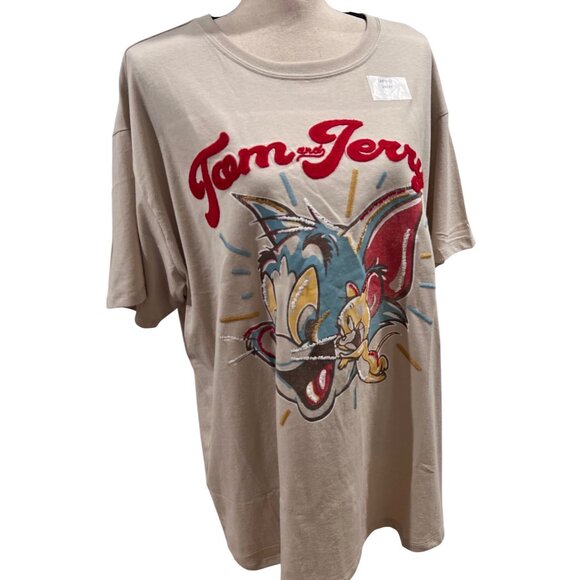 Tom & Jerry Beige Embroidered Graphic T-Shirt Size 2X Crew Neck Short Sleeve - Picture 1 of 7